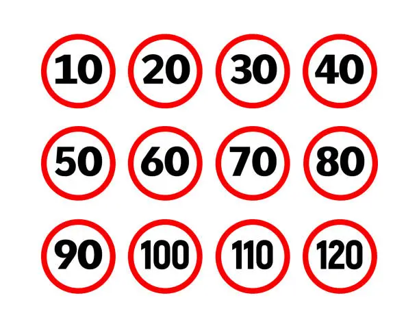 Vector illustration of Speed limit sign icons. Traffic pictogram 20 30 km road speed limit sign.