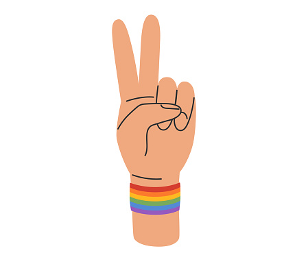 LGBT hand in peace with rainbow bracelet. LGBTQ pride community. Vector illustration