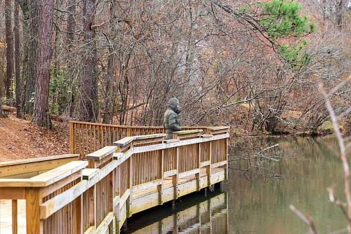 A man is standing on a trail bridge, admiring the stunning views of a lake near the Chattahoochee River. All of the trees have had their leaves shredded. It was cold, so the man enjoyed his walk while also taking in the scenery.