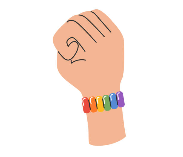 illustrazioni stock, clip art, cartoni animati e icone di tendenza di mano lgbt con braccialetto arcobaleno. gesto del pugno alzato. comunità dell'orgoglio lgbtq. illustrazione vettoriale in stile disegnato a mano - gay pride wristband rainbow lgbt