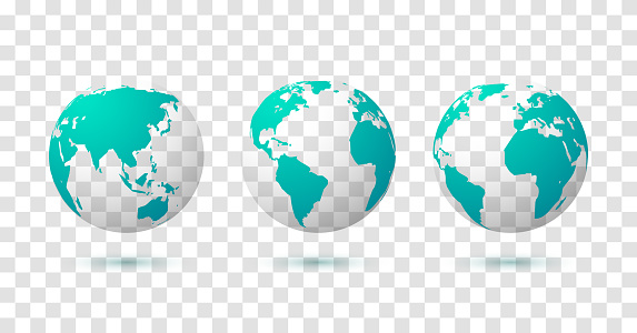 Globe earth world vector map. 3d blue transparent digital planet round globe icon set.