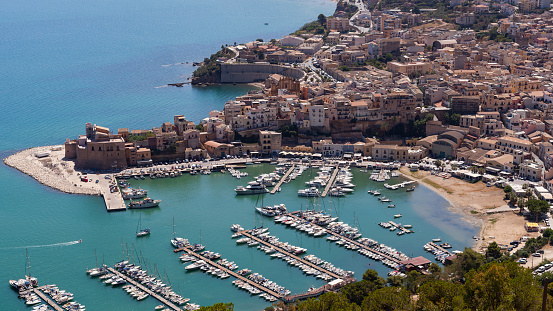 Scenic view from above with the marina and the beaches of Castellammare del Golfo, Trapani province, Sicily