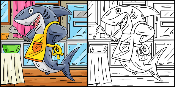 This coloring page shows a Shark with an Apron and Spatula. One side of this illustration is colored and serves as an inspiration for children.