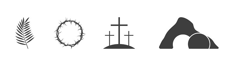 Easter icons set. Palm leaves, cross and cave. On a white background