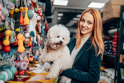 Beautiful redhead woman enjoying shopping with her gorgeous Bichon Frise dog in a modern pet shop.