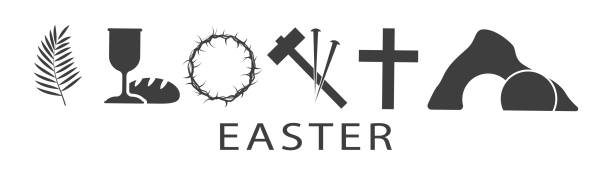 Easter icons set. Palm leaves, cross and cave. On a white background. Easter icons set. Palm leaves, cross and cave. On a white background thorn wreath stock illustrations