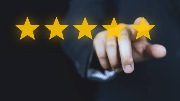 istock Customer review good rating concept, hand pressing user and five star icon on visual screen for positive customer feedback, testimonial and testimony, 2028422320