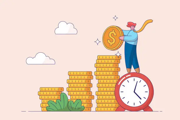 Vector illustration of Compound interest or investment growth, tax time reminder concept. Long term investing or savings for retirement fund. Businessman on alarm clock put more dollar coin money to increase his savings.