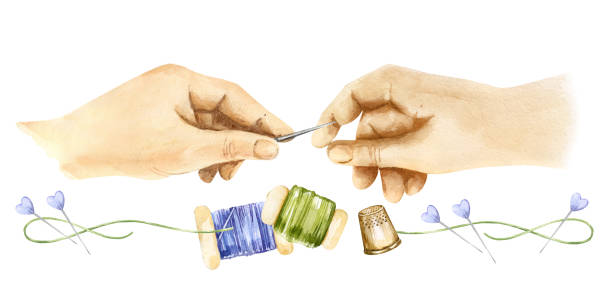 istock watercolor border with illustration of women's hands embroider, hold a needle and pins, thimble, scissors, different bobbins, hand drawn sketch of needlework theme, hobby on white background 2028424436