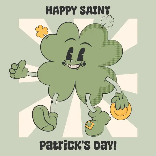 Vector illustration of Trendy retro cartoon character clover with four leaf holding gold coin.Happy Saint Patrick's Day.For greeting card,sticker,party invitation. Groovy style, vintage,70s 60s.Vector illustration EPS10