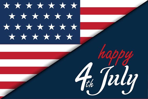 Happy Independence day sign with stars, petards and american flag. 4th of July, United Stated independence day. Template design for poster, banner, flyer, greeting card.