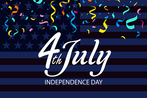 Happy Independence day sign with stars, petards and american flag. 4th of July, United Stated independence day. Template design for poster, banner, flyer, greeting card.