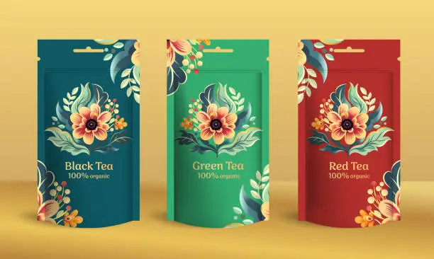 Vector illustration of Tea packaging design with zip pouch bag mockup. Vector ornament template. Elegant, classic elements. Great for food, drink and other package types. Can be used for background and wallpaper.