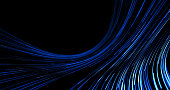 Descending and expanding stream of moving blue lines on black background.