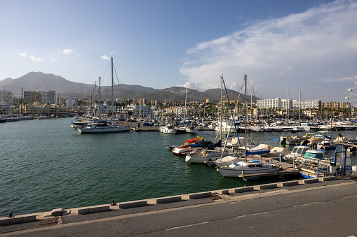 Benalmadena, Spain - September 15, 2023: Boats and yachts moored at Puerto Marina in Benalmadena, Costa del Sol Malaga, Spain. This marina has berths for 1100 boat