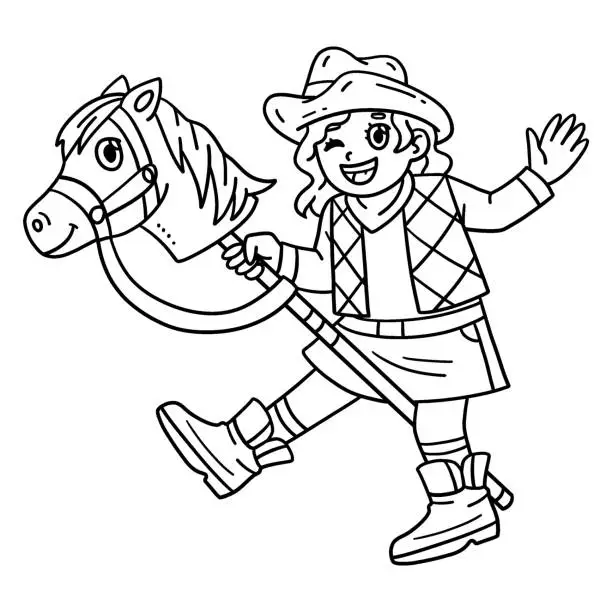 Vector illustration of Cowgirl and Toy Horse Isolated Coloring Page