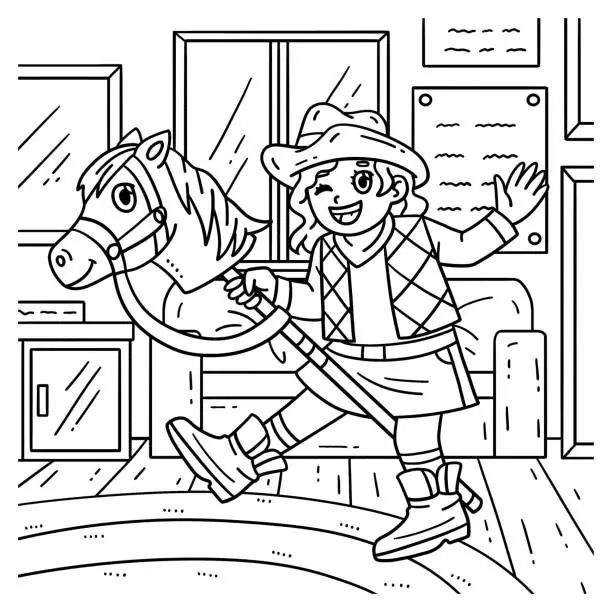 Vector illustration of Cowgirl and Toy Horse Coloring Page for Kids