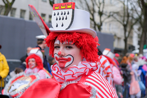 Duesseldorf, Germany, February 20, 2023 - Traditional Rose Monday carnival float (Rose Monday Parade) in Duesseldorf's old town.