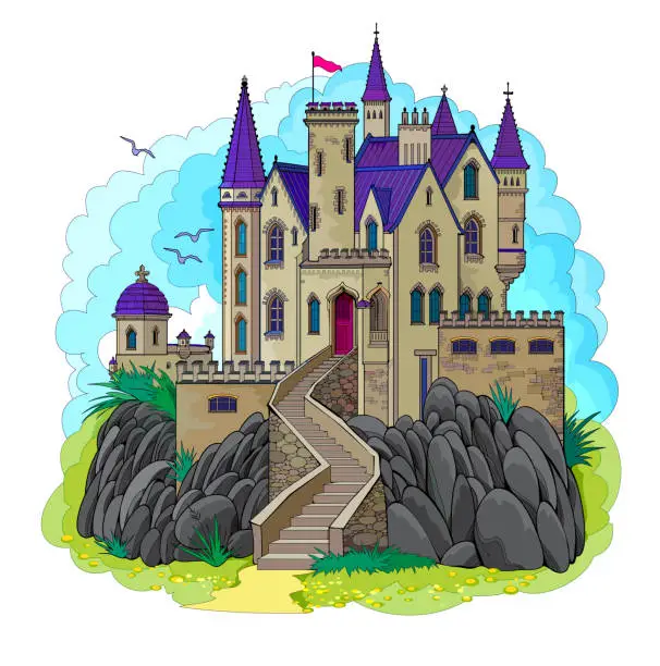 Vector illustration of Fantasy gothic medieval kingdom. Cover for fairy tale book. Printable drawing for t-shirts, fabric, greeting card, decoration. Isolated vector illustration.