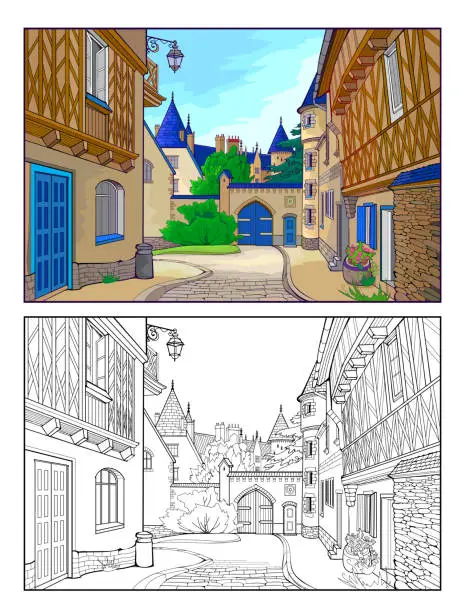 Vector illustration of Colorful and black and white template for coloring. Fantasy illustration of a cute medieval French town street. Ancient architecture. Worksheet for coloring book for children and adults. Flat vector.