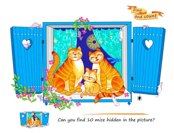 Vector illustration of Can you find 10 mice hidden in the picture? Logic puzzle game for children and adults. Find and count. Illustration of happy cats family. Educational page for kids. Flat cartoon vector.