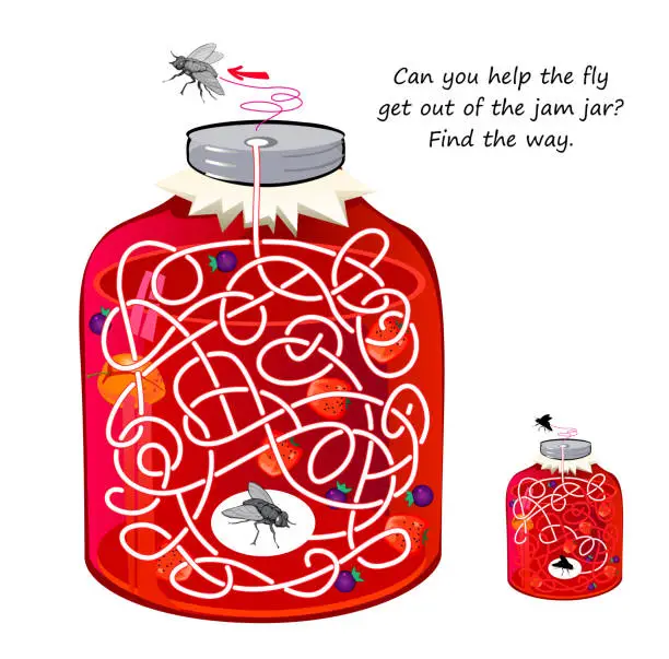 Vector illustration of Best labyrinths. Can you help the fly get out of the jam jar? Find the way. Logic puzzle game. Brain teaser book with maze. Activity sheet. Educational page for children. Vector cartoon illustration.