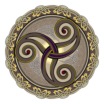 Triple trickle Celtic spiral ornament. Ancient Irish symbol. Ethnic magic sign. Celtic knot pattern. Old triskelion vintage. Print for logo, icon, coin, tattoo. Circle decoration. Vector illustration