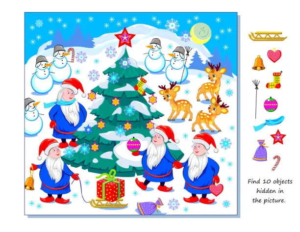 Vector illustration of Can you find 10 objects hidden in the picture? Logic puzzle game for children and adults. Illustration of Santa Clauses celebrating Christmas in winter forest. Education page. Flat cartoon vector.