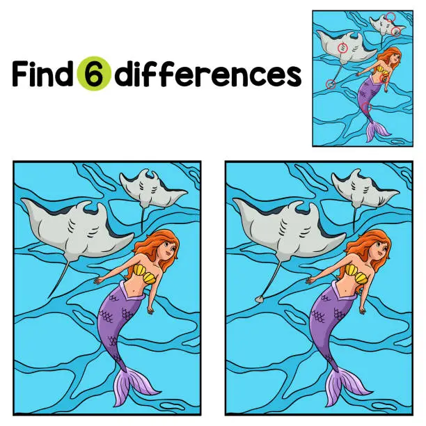 Vector illustration of Mermaid with a Manta Ray Find The Differences