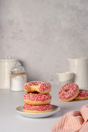 Blank food photography of donuts, glazed, bagel, bakery, baking, pastry, pink, treat, dessert, sprinkles, calories, icing, candy