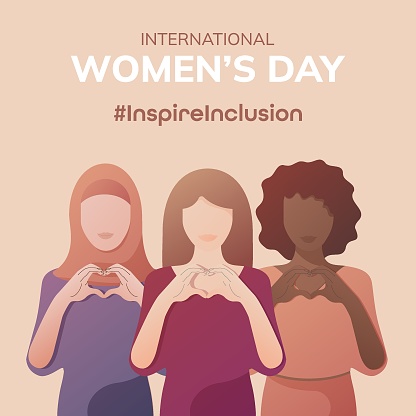 International Women's Day 2024 banner. Inspire inclusion. Different women show gesture in harts shape.
