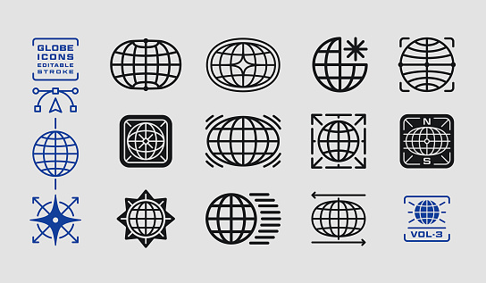 Collection of globe icons. Globe symbols design elements. Globe logo design elements with editable stroke.