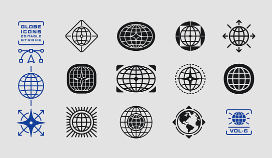Collection of globe icons. Globe symbols design elements. Globe logo design elements with editable stroke.