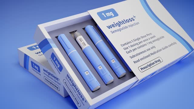 Two packages of 5 dosing pens of a fictitious Semiglutin drug used for weight loss (antidiabetic medication or anti-obesity medication) on a blue transparent background. Fictitious package design