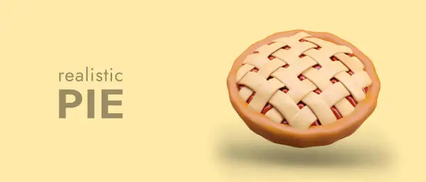 Vector illustration of Realistic pie with lattice. Traditional sweet pastry. Commercial poster on yellow background