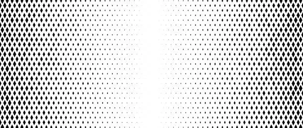 Vector illustration of Rhombus gradient halftone texture. Diamond shape dots fading background. Abstract geometric particle vanishing backdrop. Rhomb shape grunge overlay texture. Vector wide black white wallpaper