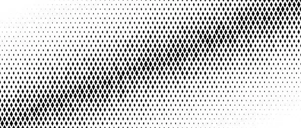 Vector illustration of Rhombus grain halftone gradient texture. Diamond shape dot fading background. Abstract geometric particle vanishing gradient. Rhomb shape grunge overlay structure. Vector black and white wallpaper