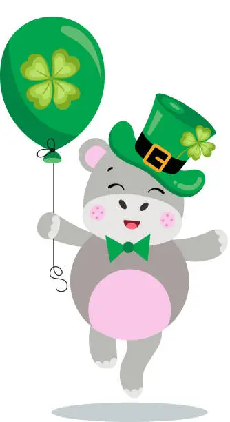 Vector illustration of St Patrick's day hippo holding a green balloon with clover