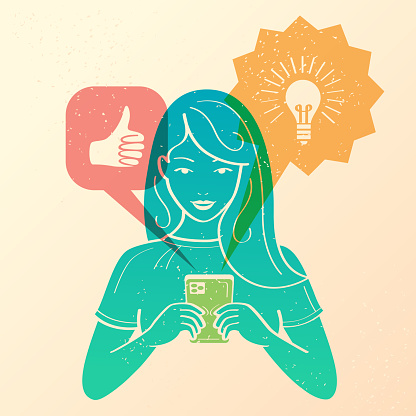 Young girl texting on her smartphone in risograph style. Silhouettes in color overlay. Positive messages. Retro style. Printmaking technique. Vector illustration.