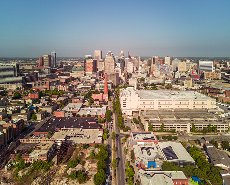 President Street in a residential neighborhood of Baltimore, Maryland. Phoenix Shot Tower and Downtown skyline shown in the distance. Panoramic stitched image