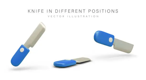 Vector illustration of Realistic knife with blue plastic handle in different positions