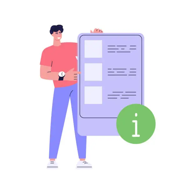 Vector illustration of Using self-service with info. Users touch screen self service terminal. Concept of informational checkout service, info panel. People pushing on interactive information terminal. Vector illustration