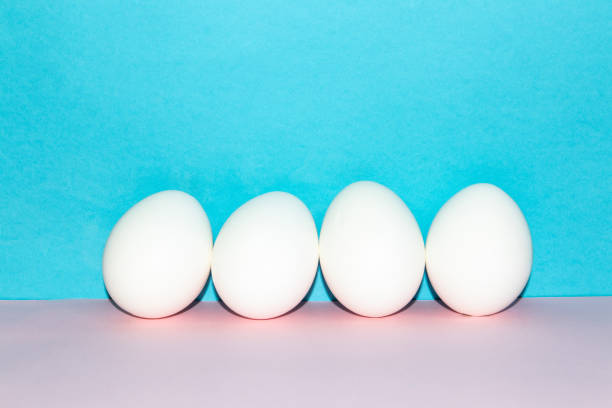 istock Four white chicken eggs on a blue and pink background 2028648622