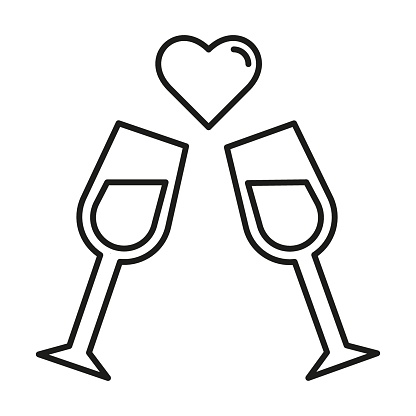 Two glasses and a heart line icon. Meeting, romance, flowers, kiss, love, rendezvous, cafe, evening, restaurant. Vector icon for business and advertising