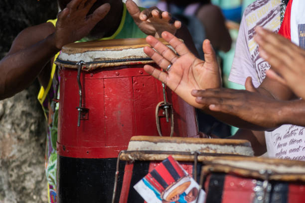 Percussionist hands playing atabaque. Marked rhythm. The art of music.