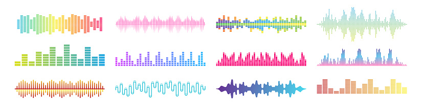 Sound waves equalizer collection in futuristic colors. Waveform pattern for music player, podcast, voise message, music app