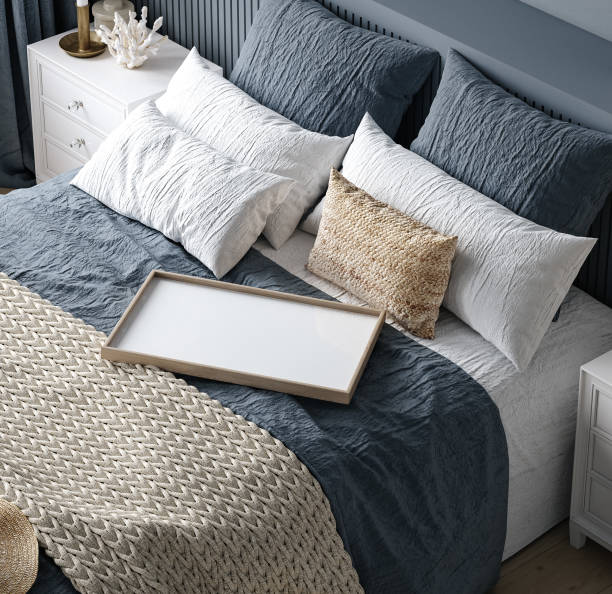 istock Frame mockup in cozy dark blue bedroom interior 2028683523