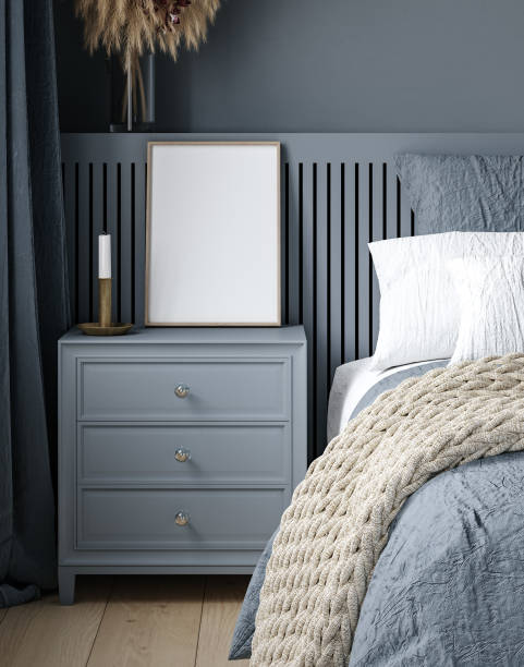 istock Frame mockup in cozy dark blue bedroom interior 2028684035