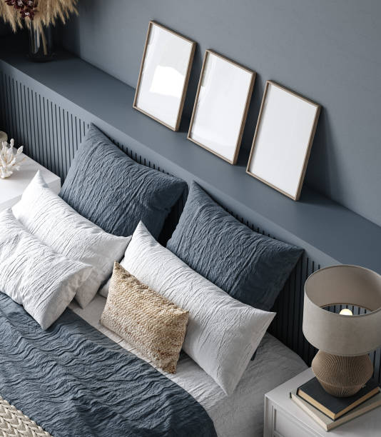 istock Frame mockup in cozy dark blue bedroom interior 2028684037