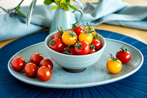 Red and Yellow cherry tomatoes in a bowl